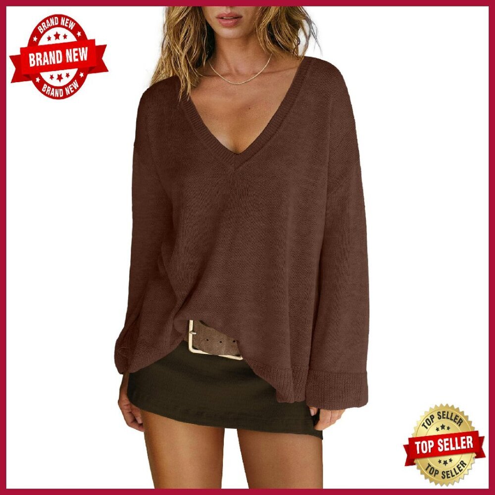 Oversized V-Neck Off Shoulder Sweater Long Sleeve Pullover Fall Casual